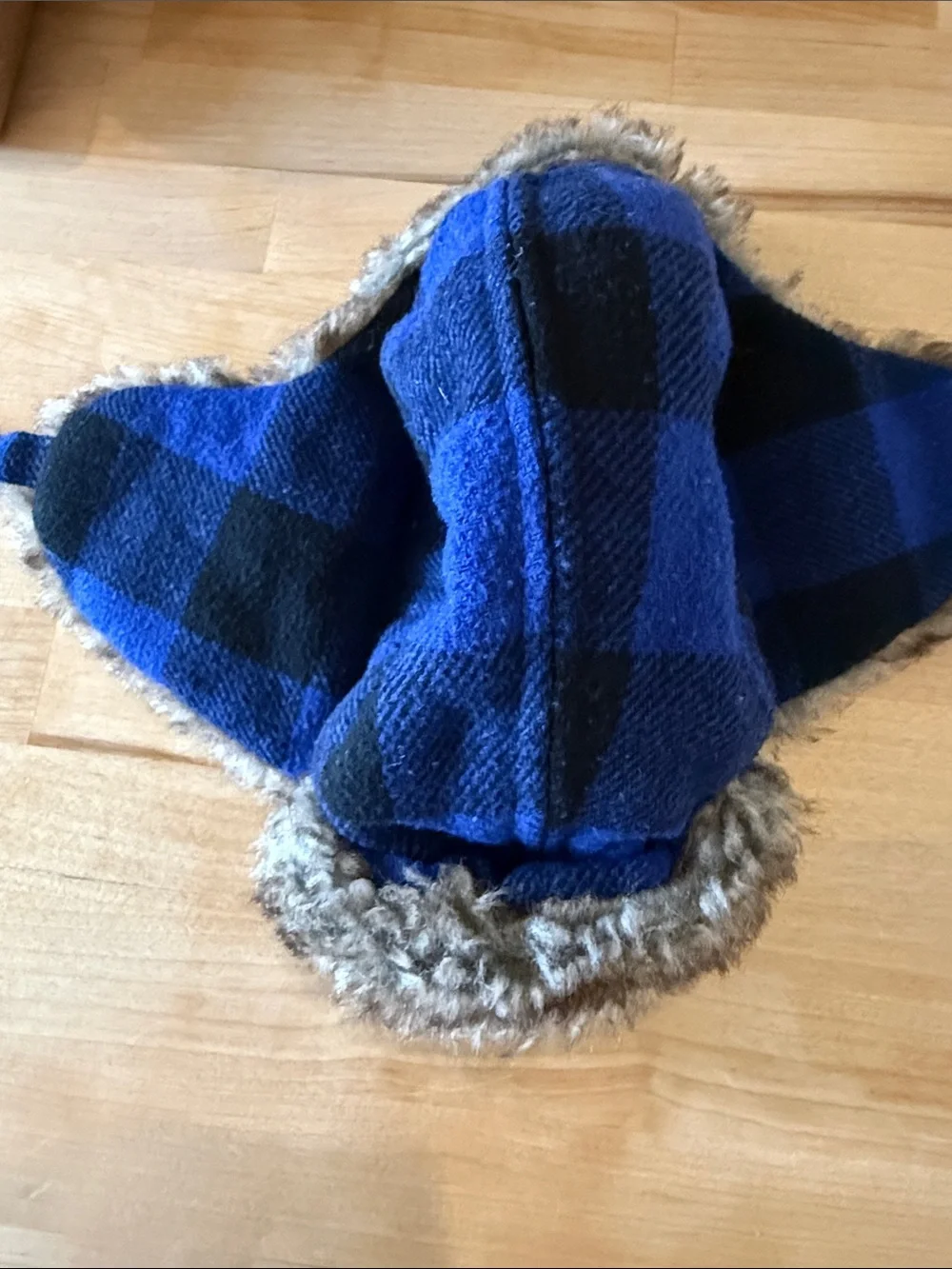 Kids Blue and Black Plaid Faux-Fur Trapper Hat